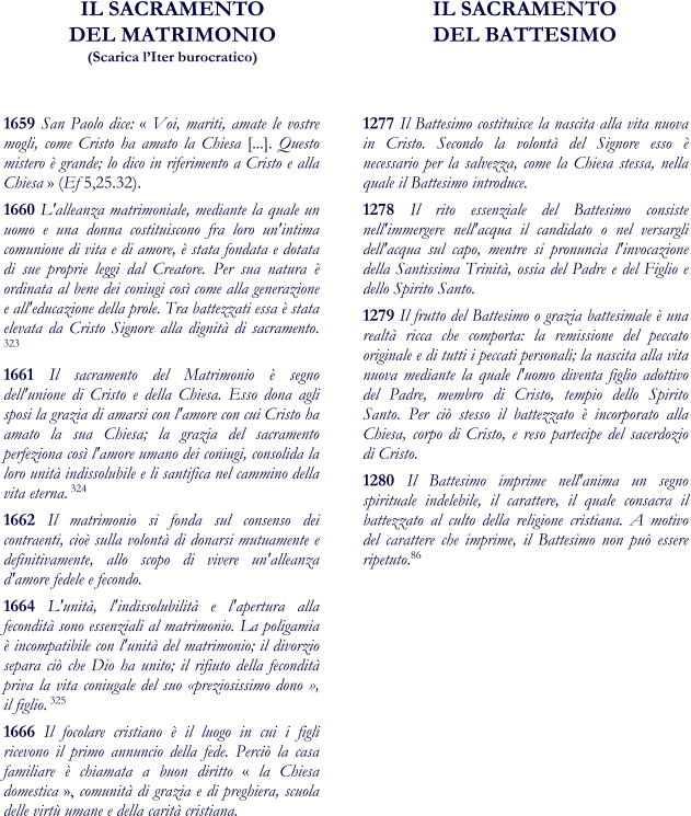 IL SACRAMENTO DEL MATRIMONIO(Scarica l’Iter burocratico) IL SACRAMENTO DEL BATTESIMO 1277 Il Battesimo costituisce la nascita alla vita nuova in Cristo. Secondo la volontà del Signore esso è necessario per la salvezza, come la Chiesa stessa, nella quale il Battesimo introduce. 1278 Il rito essenziale del Battesimo consiste nell'immergere nell'acqua il candidato o nel versargli dell'acqua sul capo, mentre si pronuncia l'invocazione della Santissima Trinità, ossia del Padre e del Figlio e dello Spirito Santo. 1279 Il frutto del Battesimo o grazia battesimale è una realtà ricca che comporta: la remissione del peccato originale e di tutti i peccati personali; la nascita alla vita nuova mediante la quale l'uomo diventa figlio adottivo del Padre, membro di Cristo, tempio dello Spirito Santo. Per ciò stesso il battezzato è incorporato alla Chiesa, corpo di Cristo, e reso partecipe del sacerdozio di Cristo. 1280 Il Battesimo imprime nell'anima un segno spirituale indelebile, il carattere, il quale consacra il battezzato al culto della religione cristiana. A motivo del carattere che imprime, il Battesimo non può essere ripetuto.86 1659 San Paolo dice: « Voi, mariti, amate le vostre mogli, come Cristo ha amato la Chiesa [...]. Questo mistero è grande; lo dico in riferimento a Cristo e alla Chiesa » (Ef 5,25.32). 1660 L'alleanza matrimoniale, mediante la quale un uomo e una donna costituiscono fra loro un'intima comunione di vita e di amore, è stata fondata e dotata di sue proprie leggi dal Creatore. Per sua natura è ordinata al bene dei coniugi così come alla generazione e all'educazione della prole. Tra battezzati essa è stata elevata da Cristo Signore alla dignità di sacramento. 323 1661 Il sacramento del Matrimonio è segno dell'unione di Cristo e della Chiesa. Esso dona agli sposi la grazia di amarsi con l'amore con cui Cristo ha amato la sua Chiesa; la grazia del sacramento perfeziona così l'amore umano dei coniugi, consolida la loro unità indissolubile e li santifica nel cammino della vita eterna. 324 1662 Il matrimonio si fonda sul consenso dei contraenti, cioè sulla volontà di donarsi mutuamente e definitivamente, allo scopo di vivere un'alleanza d'amore fedele e fecondo. 1664 L'unità, l'indissolubilità e l'apertura alla fecondità sono essenziali al matrimonio. La poligamia è incompatibile con l'unità del matrimonio; il divorzio separa ciò che Dio ha unito; il rifiuto della fecondità priva la vita coniugale del suo «preziosissimo dono », il figlio. 325 1666 Il focolare cristiano è il luogo in cui i figli ricevono il primo annuncio della fede. Perciò la casa familiare è chiamata a buon diritto « la Chiesa domestica », comunità di grazia e di preghiera, scuola delle virtù umane e della carità cristiana.